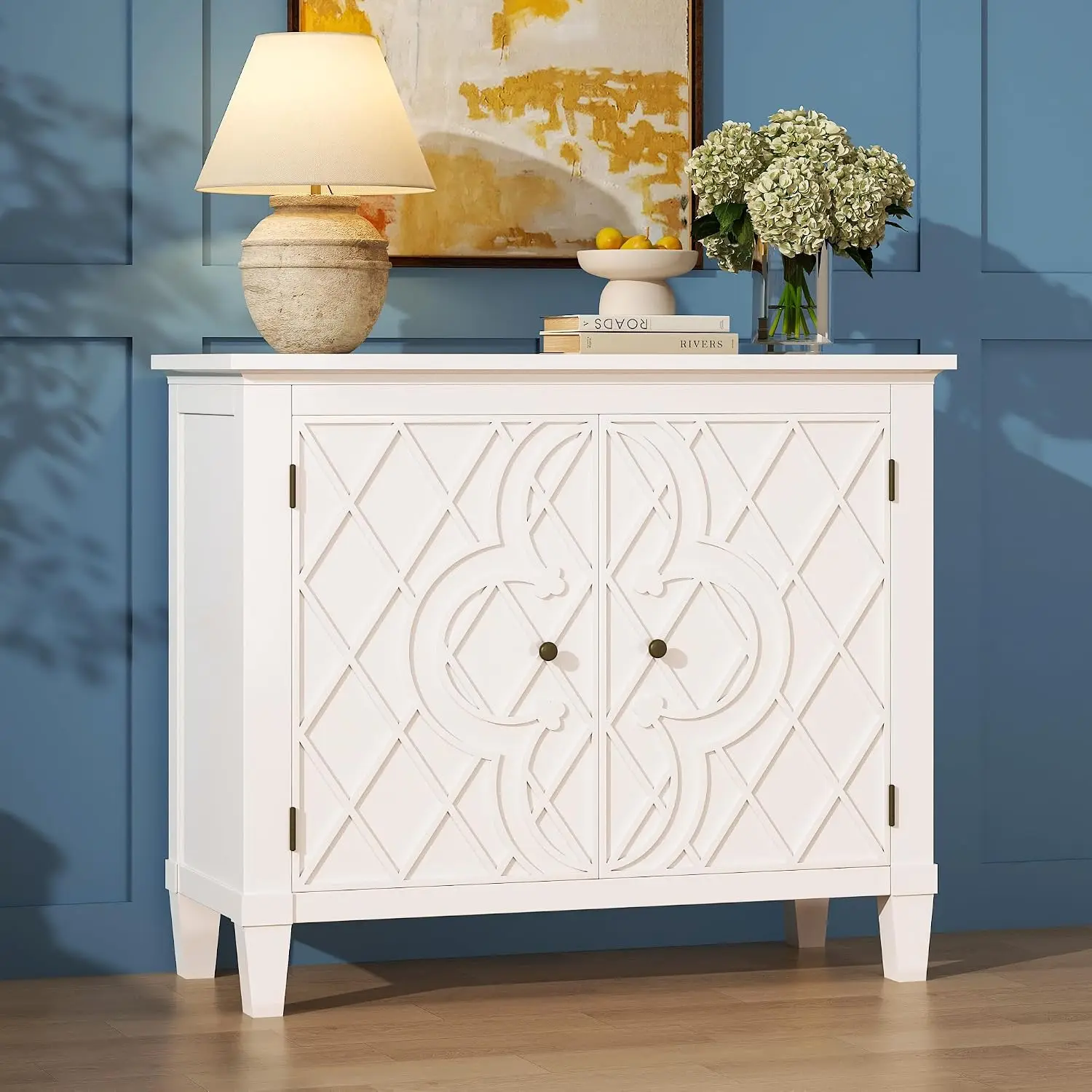 Distressed White Pine Wood Buffet Cabinet with Carved Motif & Storage for Kitchen Entryway Living Room, Customized