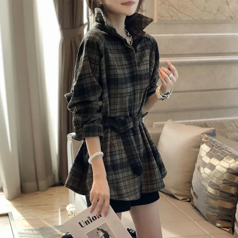 Spring Autumn Commute Fashion Button Plaid Shirt Korean All-match Turn-down Collar Bandage Thick Blouse Women\'s Clothing 2024