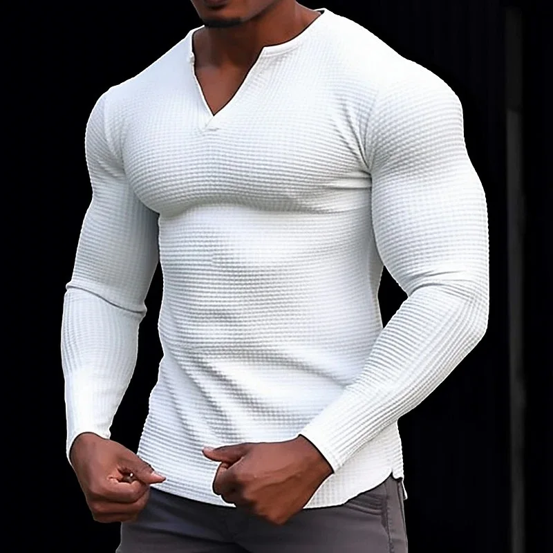 

2024 Men Waffle V-neck T-shirt Top Vacation Long Sleeve Casual Fashion