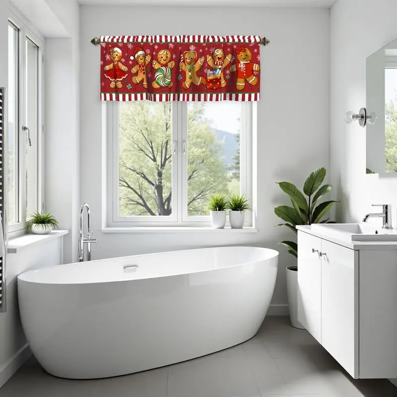 VIKAMA Red White Stripe Border Six Gingerbread Man Christmas Short Window Curtain Cute Cookie Holiday Festive Home Decor Graphic
