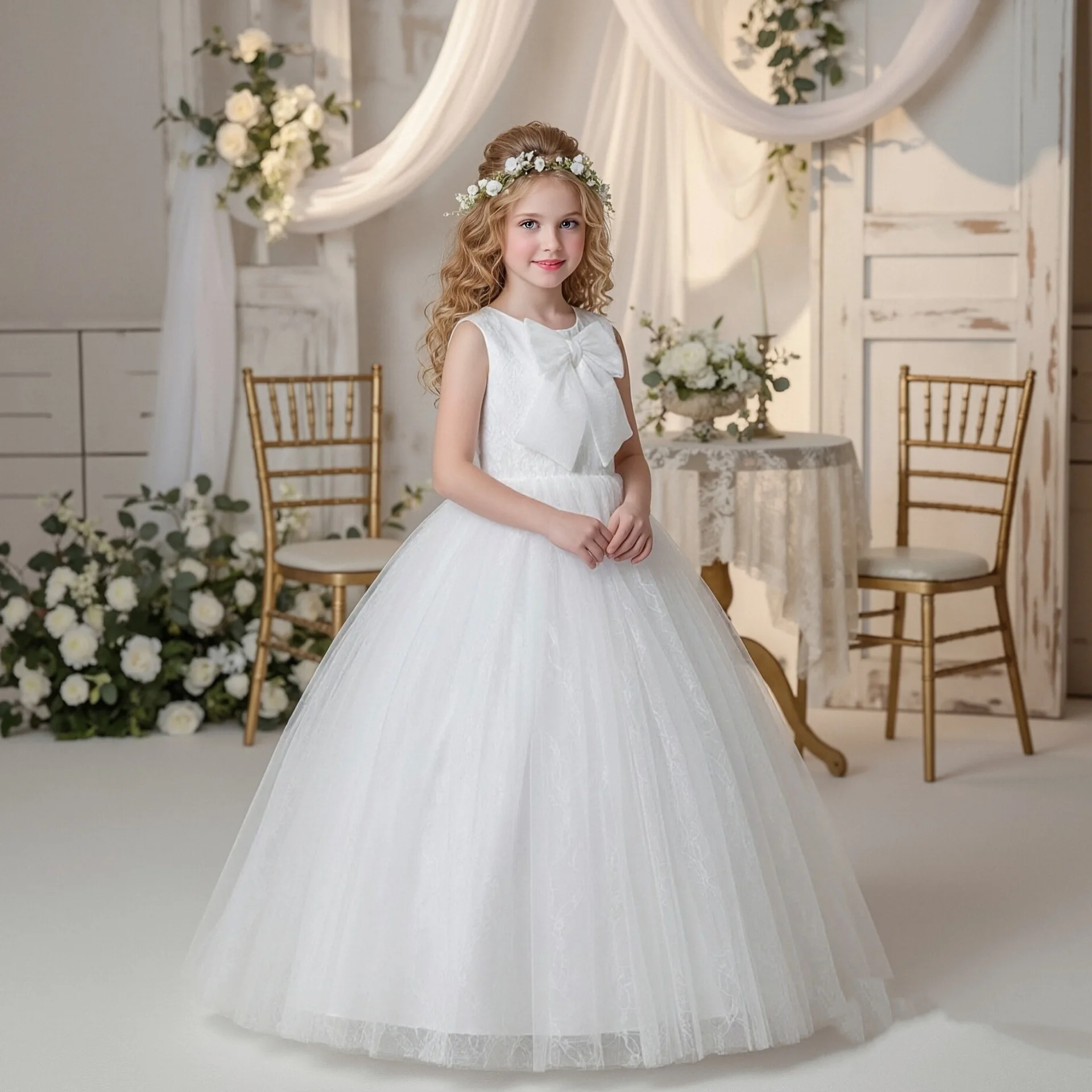 

Flower Girl Wedding Dress Baptismal White Costume Girls Party Dresses Elegant Evening Dress Children's Tulle Birthday Dress Gown