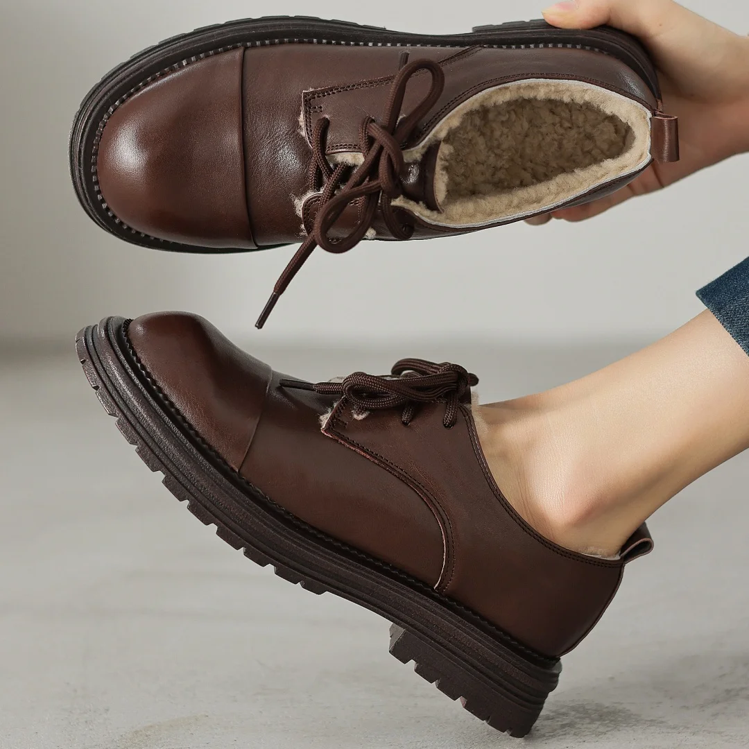 

Женские зимние оксфорды из коровьей кожи с круглым носком на шнуровке и шерстью внутри, мягкие удобные повседневные женские повседневные туфли высокого качества на плоской подошве