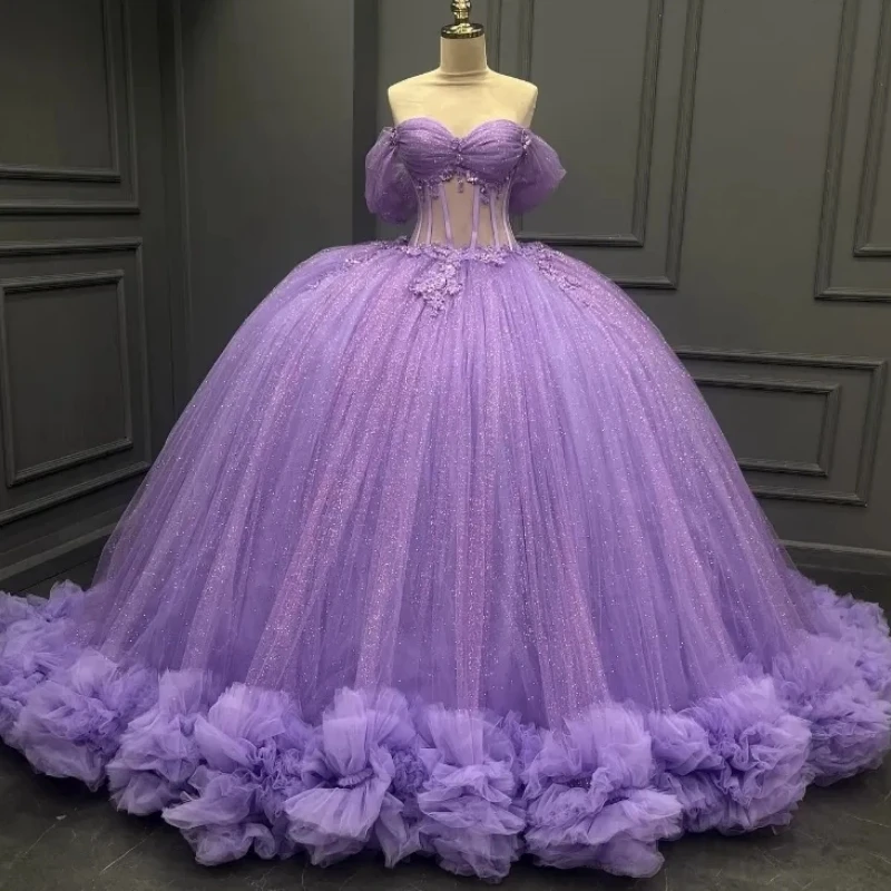 Customized Real Picture Mexican Lavender Princess Quinceanera Dresses Applique Tulle Tiered Prom Sweet 16 Vestidos De 15 Anos