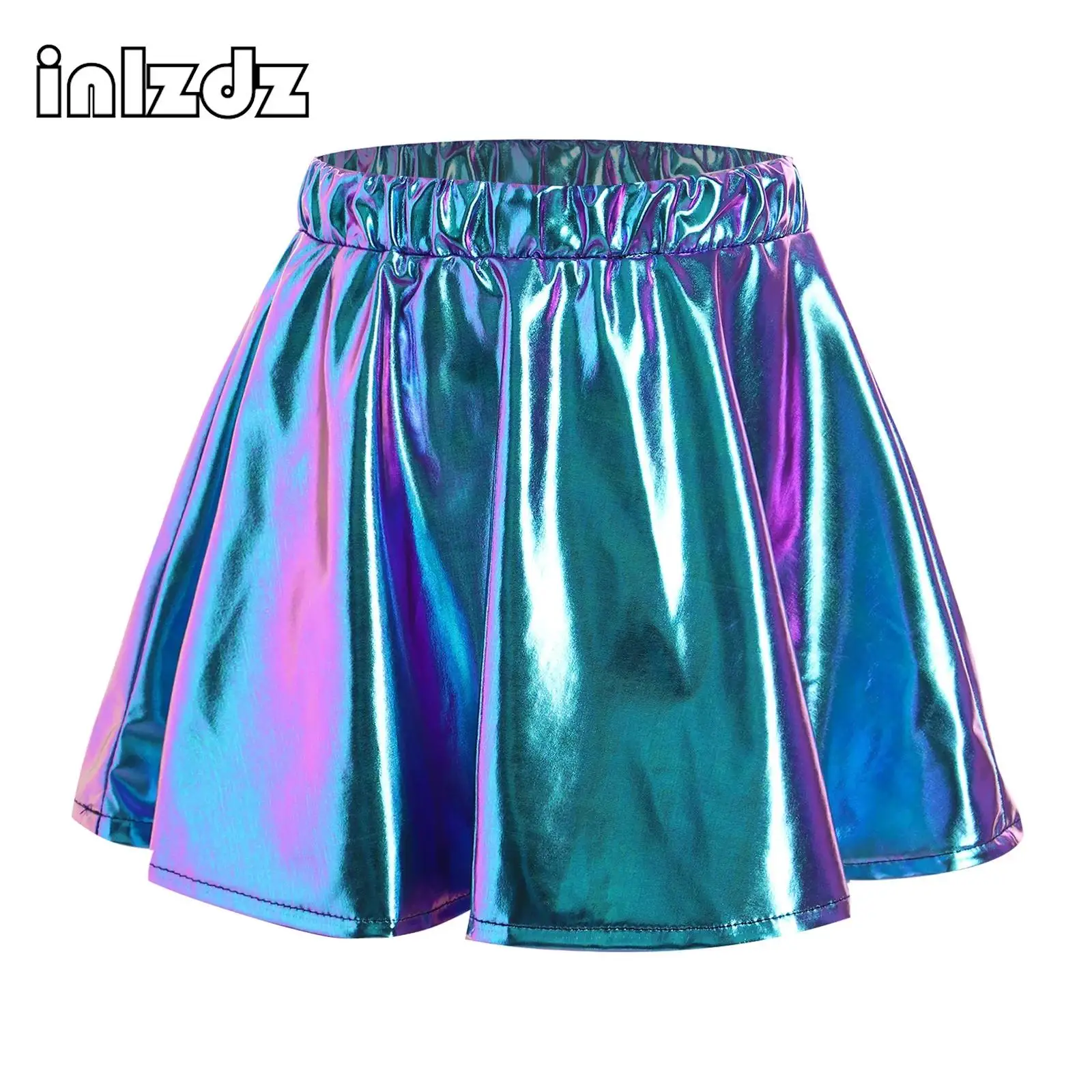 Mini jupe patineuse métallique brillante pour filles, robe trapèze plissée évasée, taille haute, pom-pom girl, tenue de soirée séparés ante jazz, mini-jupe 343