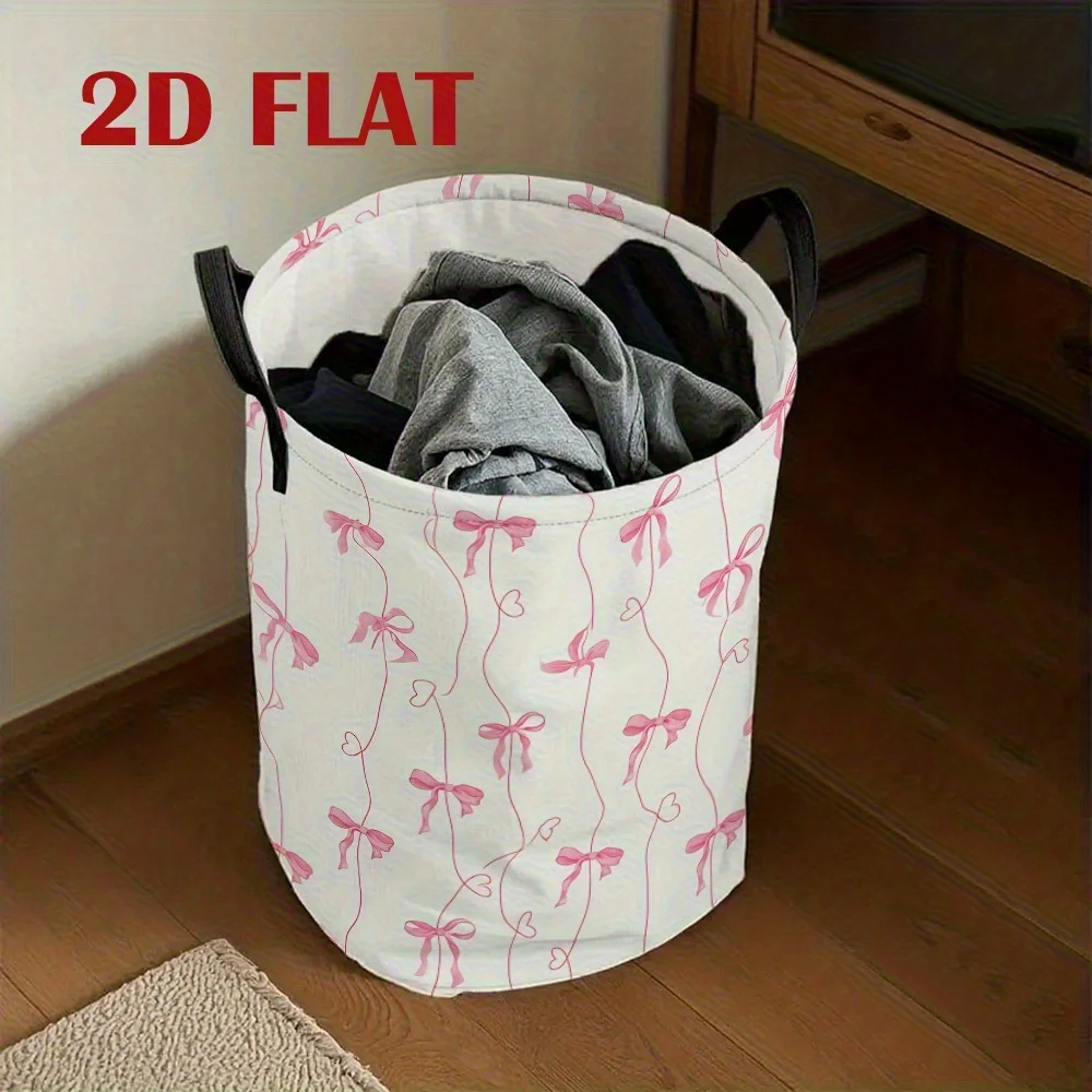 Pink Bow Heart Patterned Dirty Laundry Basket Made of Polyester, Ideal for Storage Portable And Foldable Large Capacity - view 4