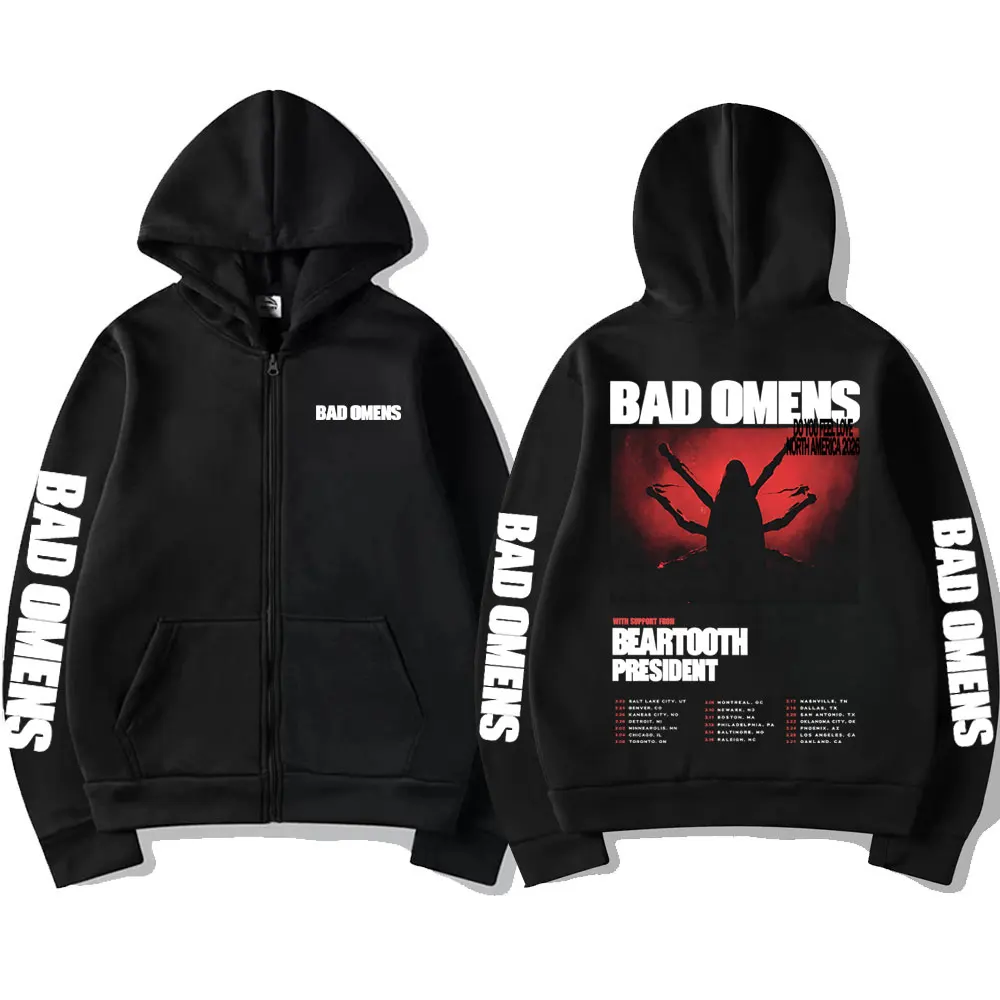 روك باند باد البشائر هل تشعر بالحب جولة 2026 قلنسوة بسحاب الرجال النساء عادية المتضخم زمم سترة الرجال خمر الشارع الشهير