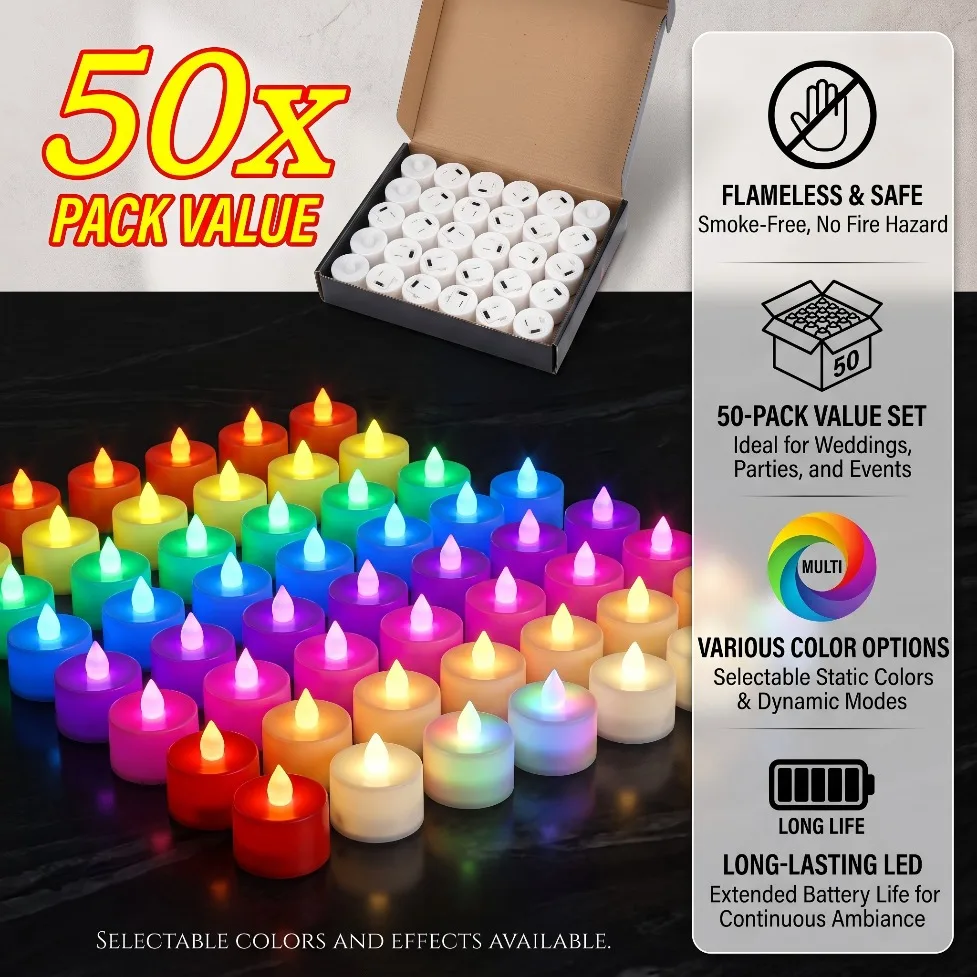 1-50Pcs Colorful LED Tealight Simulation Flame Flickering Candles Light With Battery Powered For Wedding Christmas Home Decor