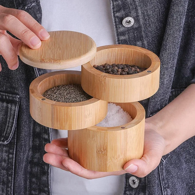 3 Tiers Bamboo Salt Box,Bamboo Spice Box with Magnetic Swivel Lid for Salt,Spices,Seasoning,Pepper Holder Box with Cover