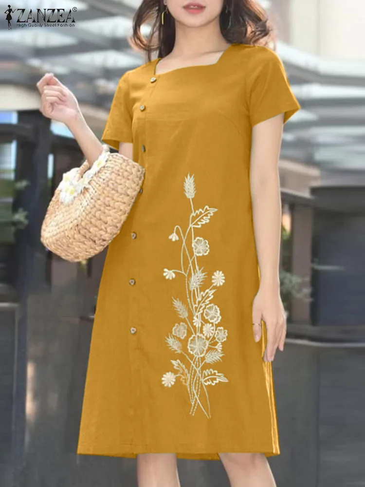 ZANZEA Summer Casual Floral Embroidery Dress Woman Square Collar Short Sleeve Dresses Female Fashion Holiday Midi Robe Oversized