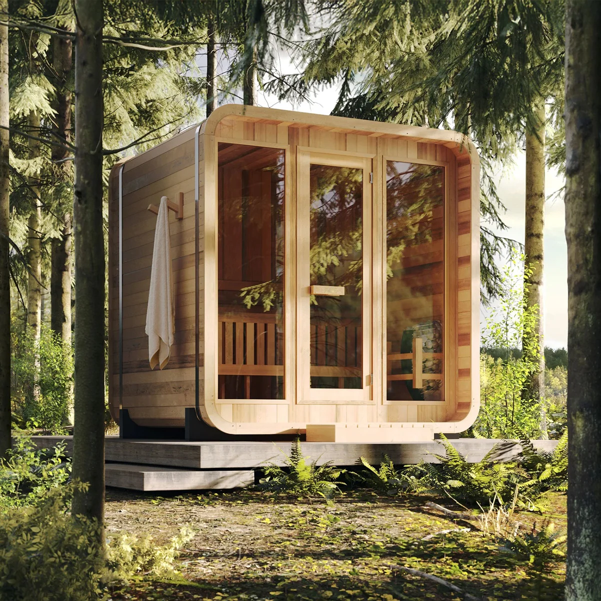 Hachillspa 4-Person Outdoor Cube Sauna Full Glass Front Thermowood Family Cabin Solid Wood Home Garden Spa Sauna House