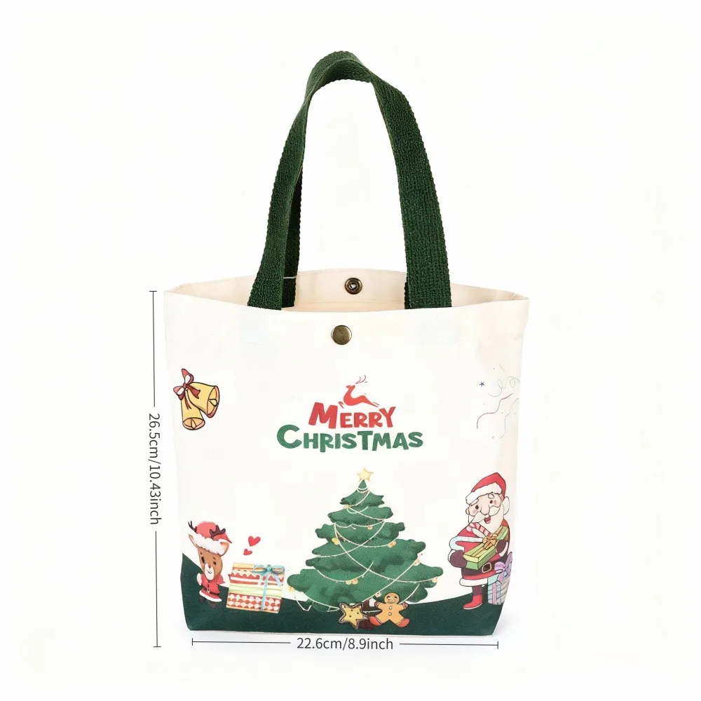 1 Pack Merry Christmas Canvas Tote Bag, Cute Xmas Tree Santa Reindeer Print Shoulder Handbag, Snap Closure Reusable Holiday Shopping Bag for Women Gift Christmas Party Daily Use