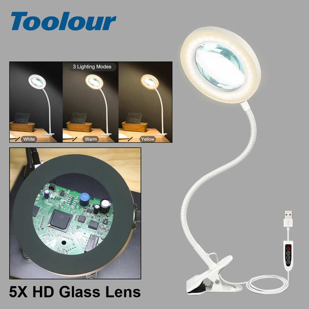 Toolour 5X LED Magnifier Lamp Reading Welding Rework Large Lens Magnifying Glass Table Clamp Desk Lighting Illumination Tool