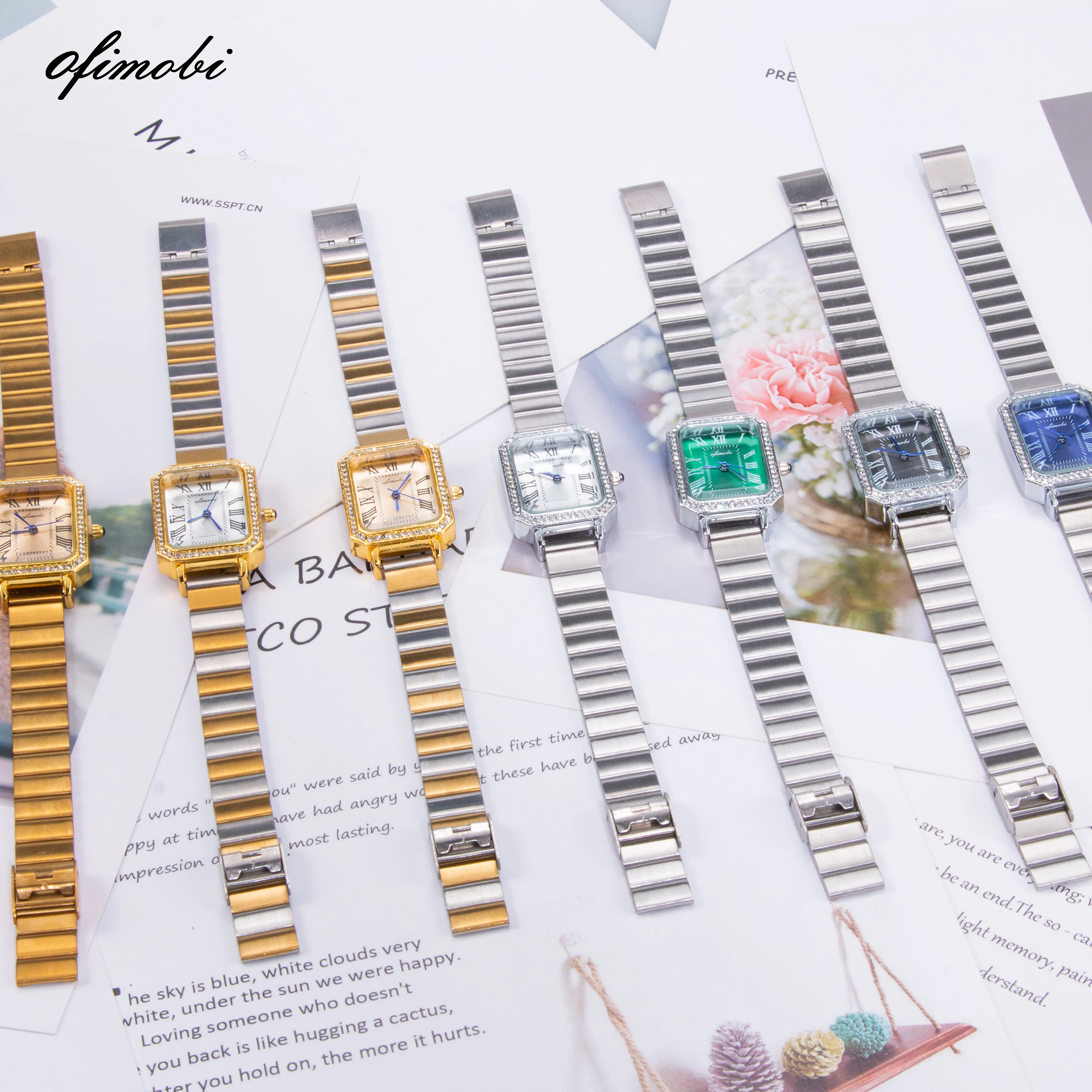 OFIMOBI Women's Quartz Watch Luxury Rhinestone Rectangle Roman Numerals Blue Hands Ladies Wristwatch for Daily Office Wear