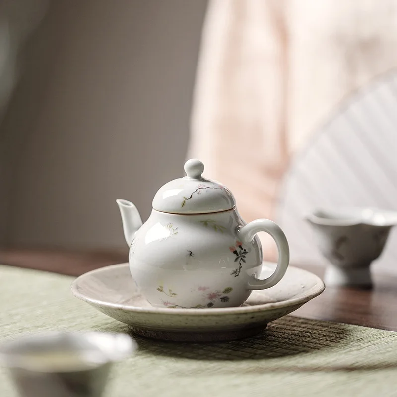 Shu Ke Ancient-Style Celadon Handmade Ceramic Kung Fu Tea Set Hand-Painted Small Floral Pattern Single Teapot