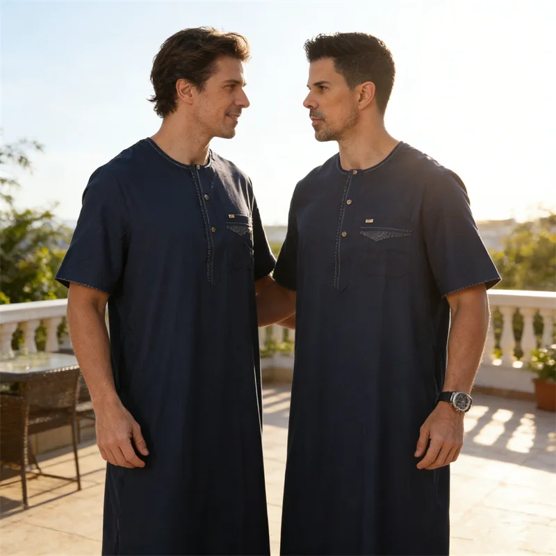 

New Muslim Men's Short Sleeve Jubba Thobe Middle East Saudi Arabia Malaysia Long Robe Turkey Kaftan Caftan Thawb Islam Clothing