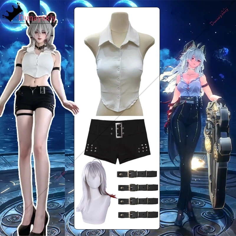 Zania Cosplay Freizeitkleidung Outfits Damen Kurzes ärmelloses Polokragen Slim Fit Hemd Shorts Set Game Wuthering Waves Kostüm