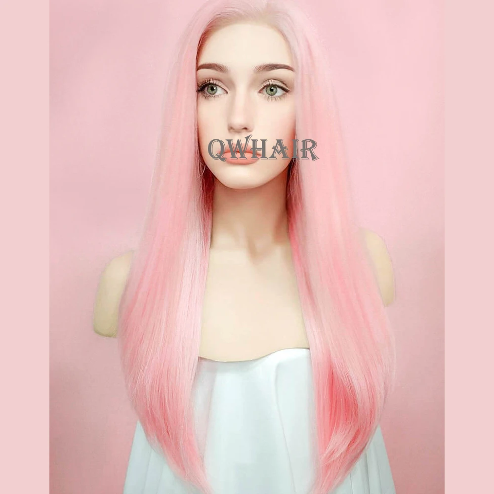 QW Synthetic Hair Pastel Pink Straight Soft 13X4 Lace Front Wig For Women Hair Heat Resistant Fiber Cosplay  Daily