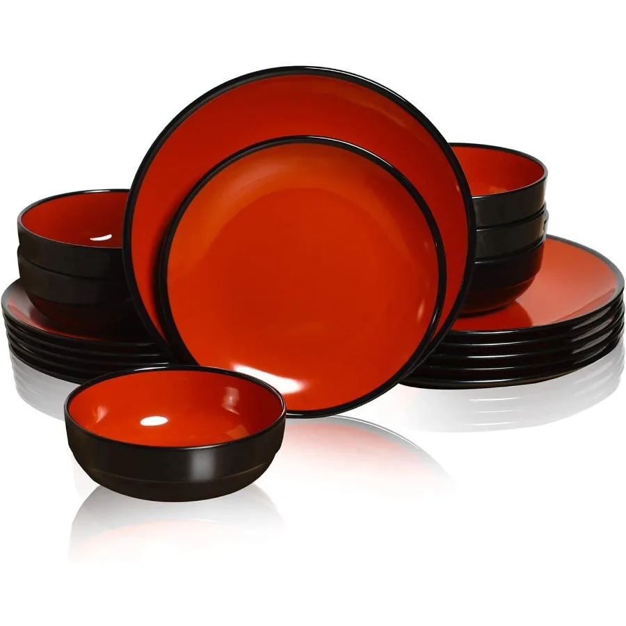 

18Piece Dinnerware Set Dishes Set with Bowls and Plates Service for 6 Nonbreakable Lightweight Dining Tableware Black and Red