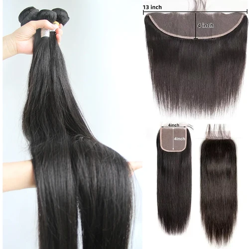 Imagen 2 del producto Mechones rectos de hueso indio crudo con cierre de encaje transparente HD 4X4 13x4 Frontal y mechones de cabello humano de 30 pulgadas doble trama