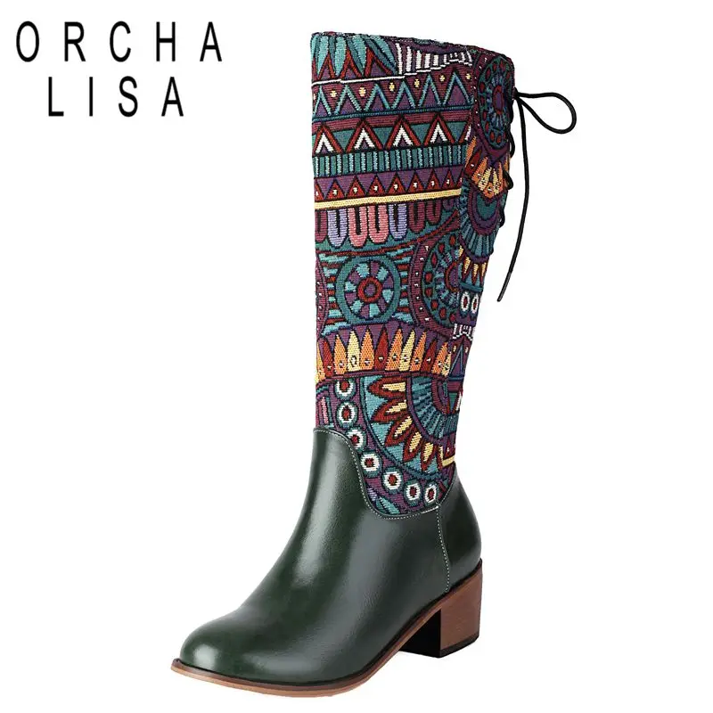 ORCHALISA 2024 New Design Women Knee Boots Round Toe Block Heels 4.5cm Zipper Mixed Color Print Big Size 45 46 Fashion Booties