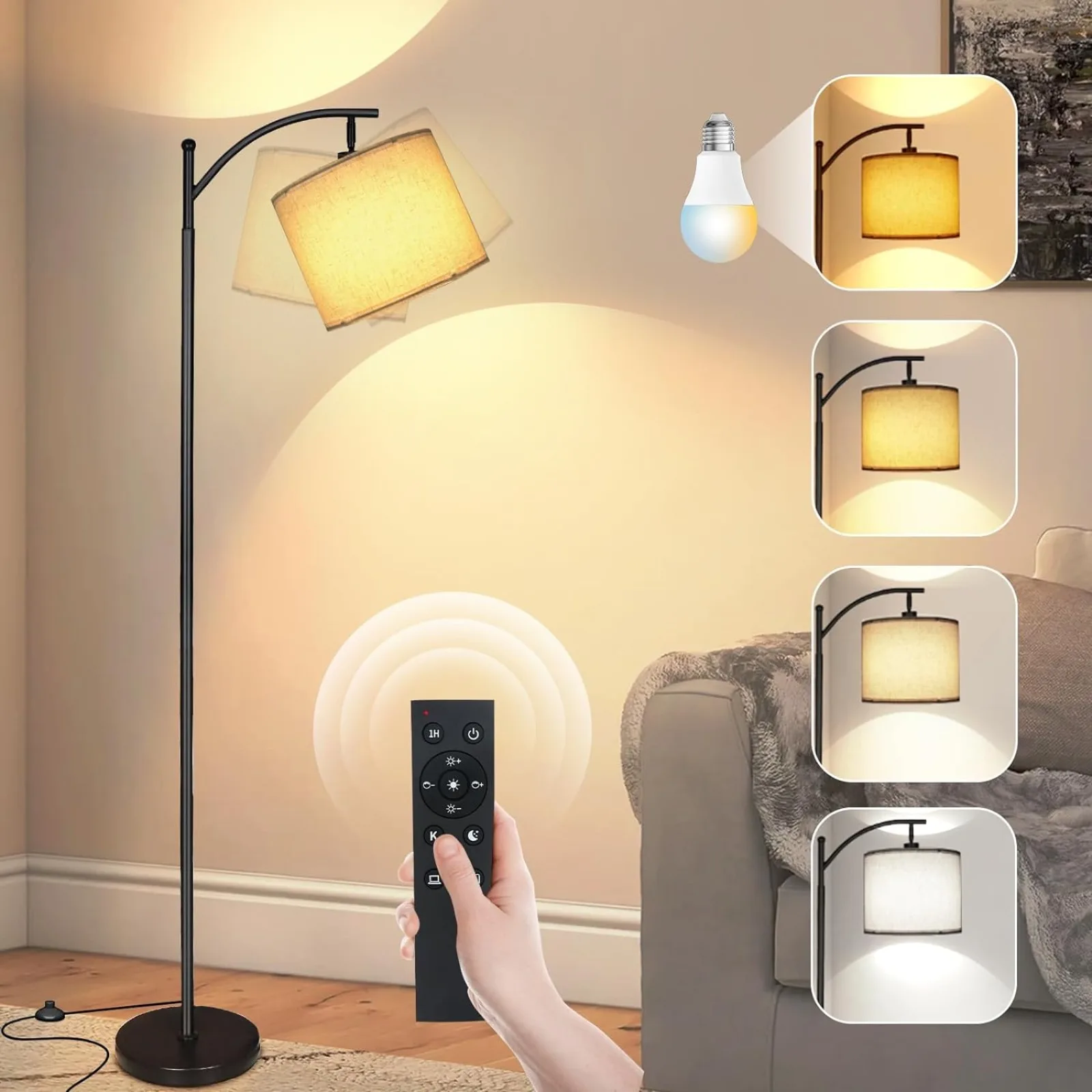 

US 2024 LED Floor Lamps for Living Room, 12W 1200LM Modern Arc Floor Lamp with Remote
