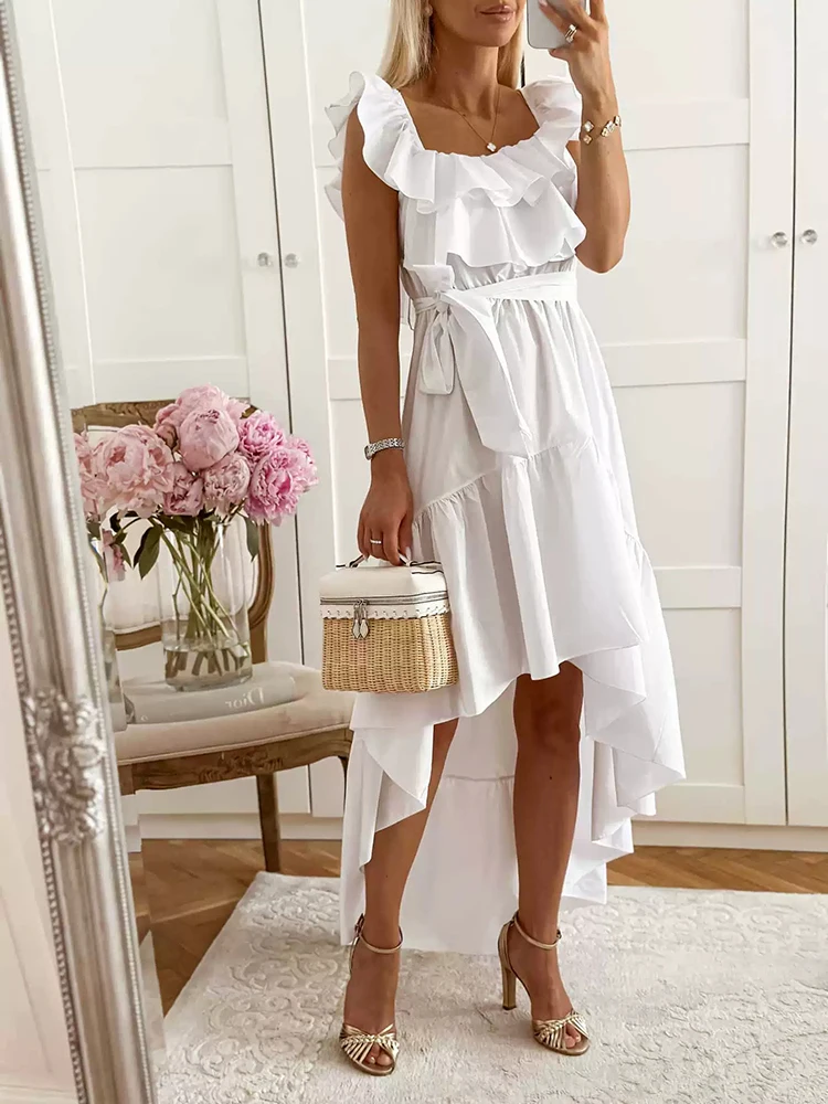 

Свежее, милое, омолаживающее платье на шнуровке с квадратным вырезом, без рукавов, с оборками на талии и асимметричной юбкой, новая весенняя модель.