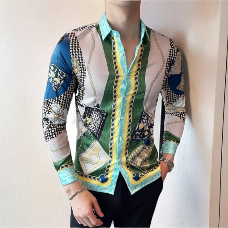 

Luxury Baroque Blouse Homme Fashion Korean Paisley Men Dress Shirt Long Sleeve Plaid Print Camisa Social Masculina Streetwear