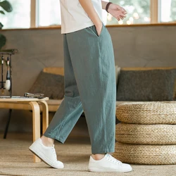 Pantalon d'été en coton et lin pour hommes, à la mode, décontracté, couleur unie, respirant, short ample, droit, Streetwear, 2023, M-5XL