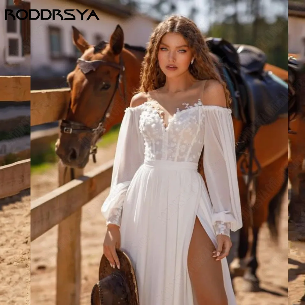 RODDRSY 시민 쉬폰 롱 퍼프 슬리브 웨딩 드레스 A 라인 레이스 업 Boho Bridal 가운 o 넥 사이드 스플릿 A 라인 Hochzeitskleid