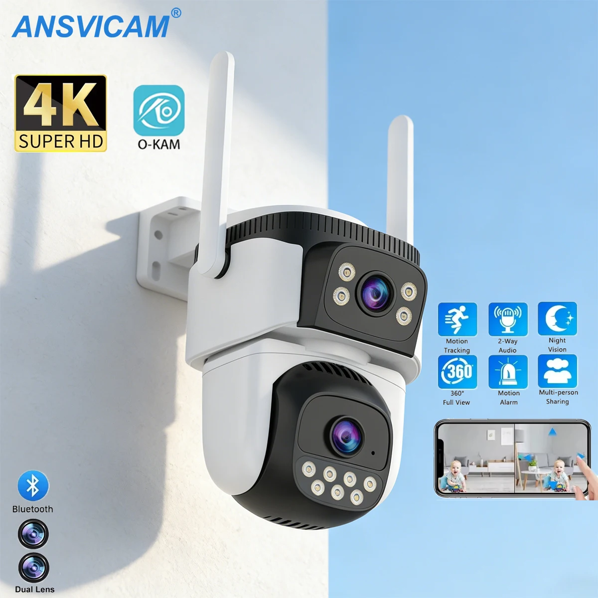 

8 МП HD WiFi уличная IP-камера с двумя объективами и двумя экранами, PTZ-камера видеонаблюдения с цветным ночным видением, водонепроницаемая IP66, для дома, O-Kam Pro