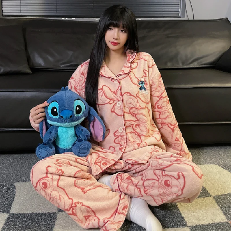 Disney Stitch Coral Velvet Winter Pajamas Men And Women With Velvet Two Piece Set Couple Pajamas Printed Embroidered Pajamas