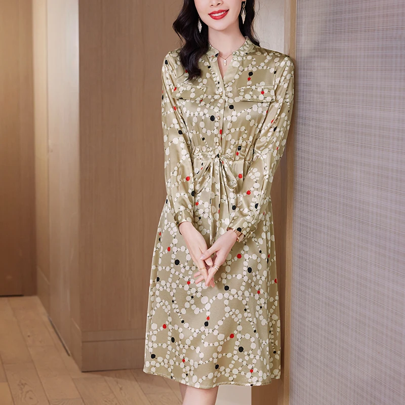 18mm Real Silk Dresses for Women Spring Autumn Elegant Fashion Long Sleeve Office Lady Drawstring Dot Print Woman Long Dress