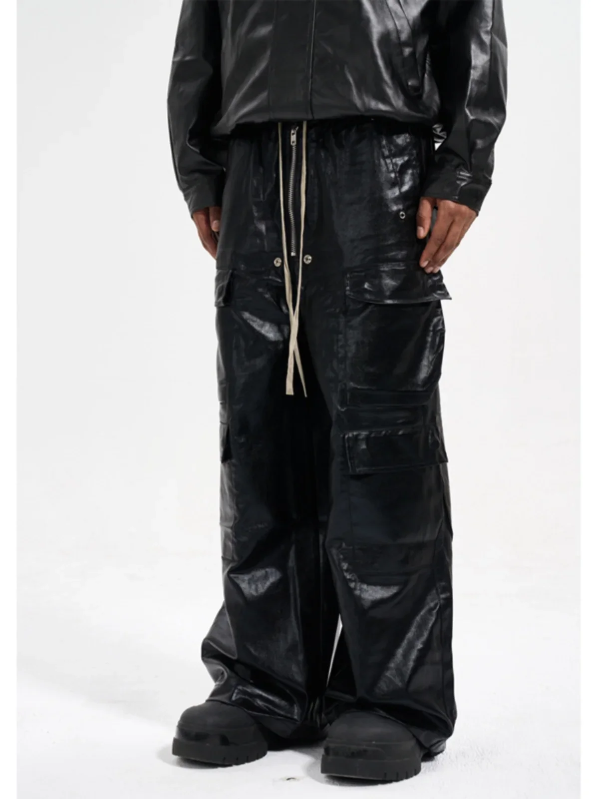 Coated Brush Wax Glossy Multi-pocket Tooling Straight Casual Drawstring Tactical Pants Harajuku Baggy Pants