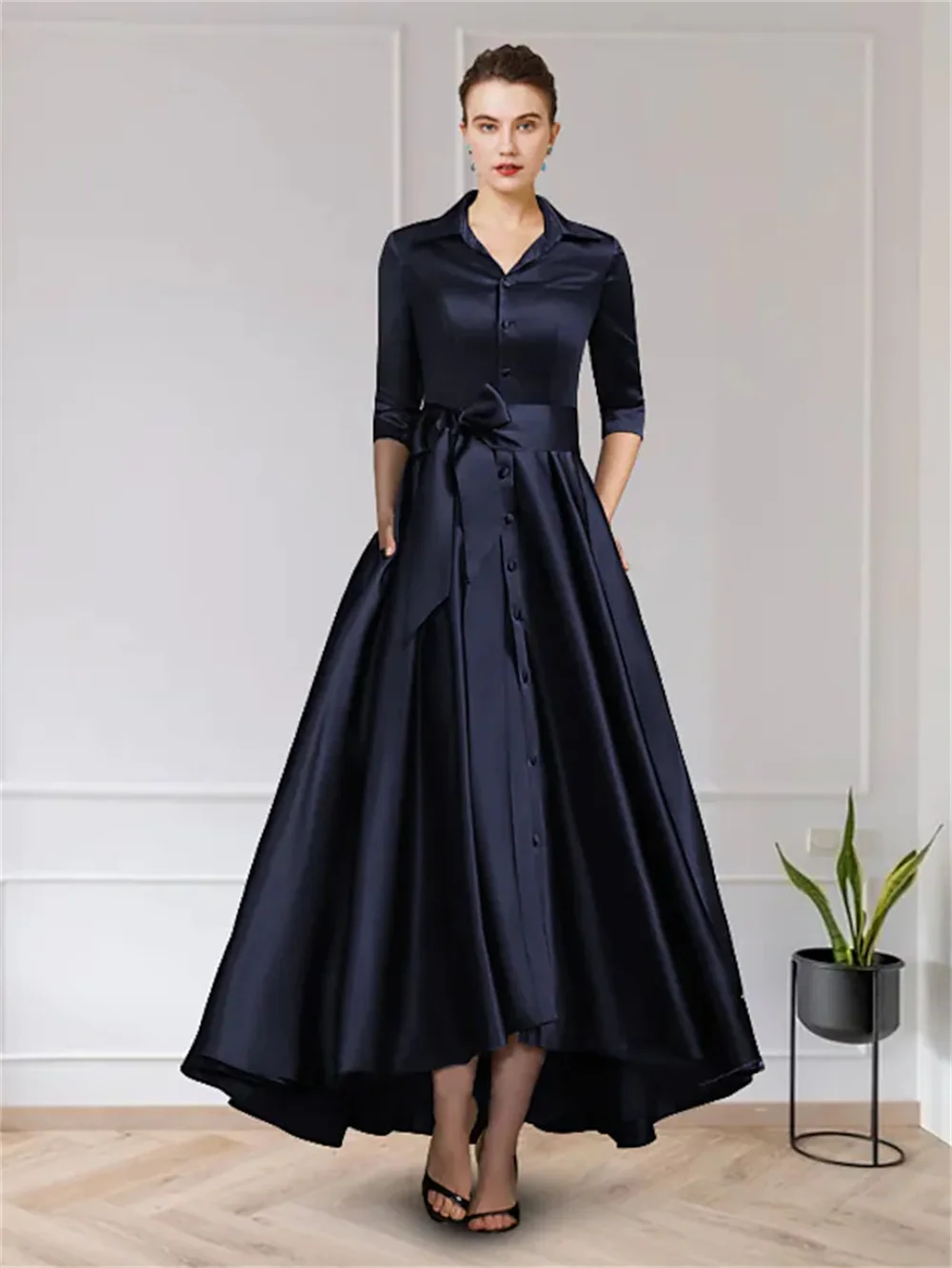 

A-Line Mother of the Bride Dress Elegant Jewel Neck Asymmetrical Chiffon Lace Short Sleeve Tea Length with Pleats Appliques 2023