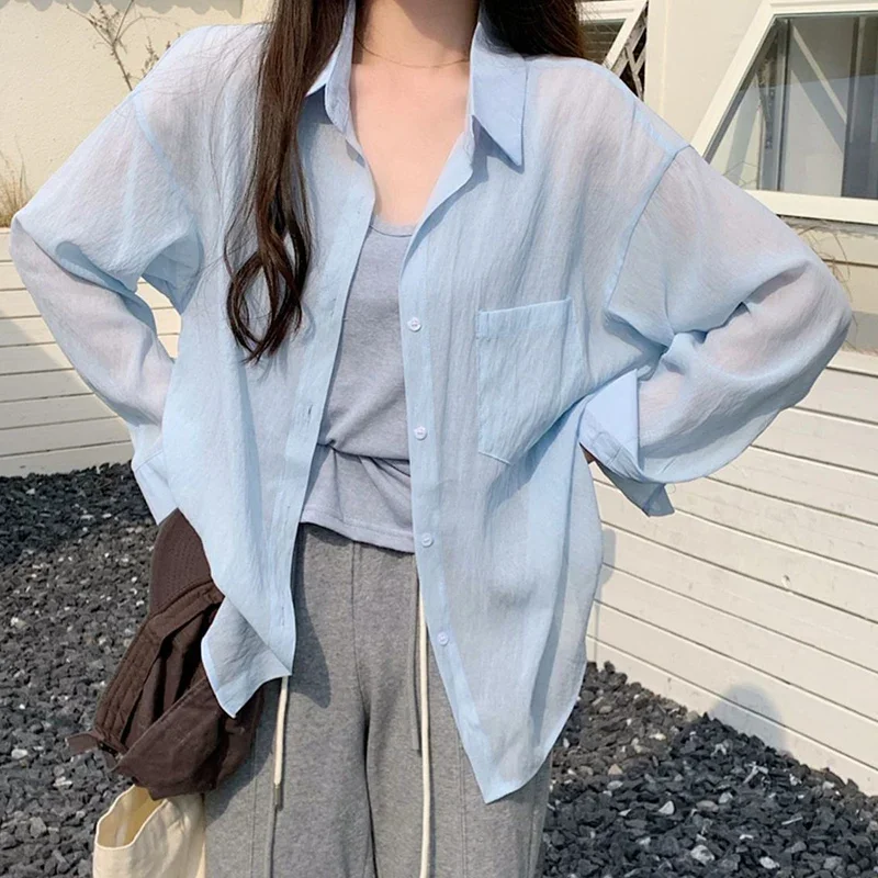 

Rimocy Summer Korean Sun Protection Shirts Women 2024 Simple Solid Color Thin Blouse Woman Long Sleeve Loose Beach Shirt Mujer