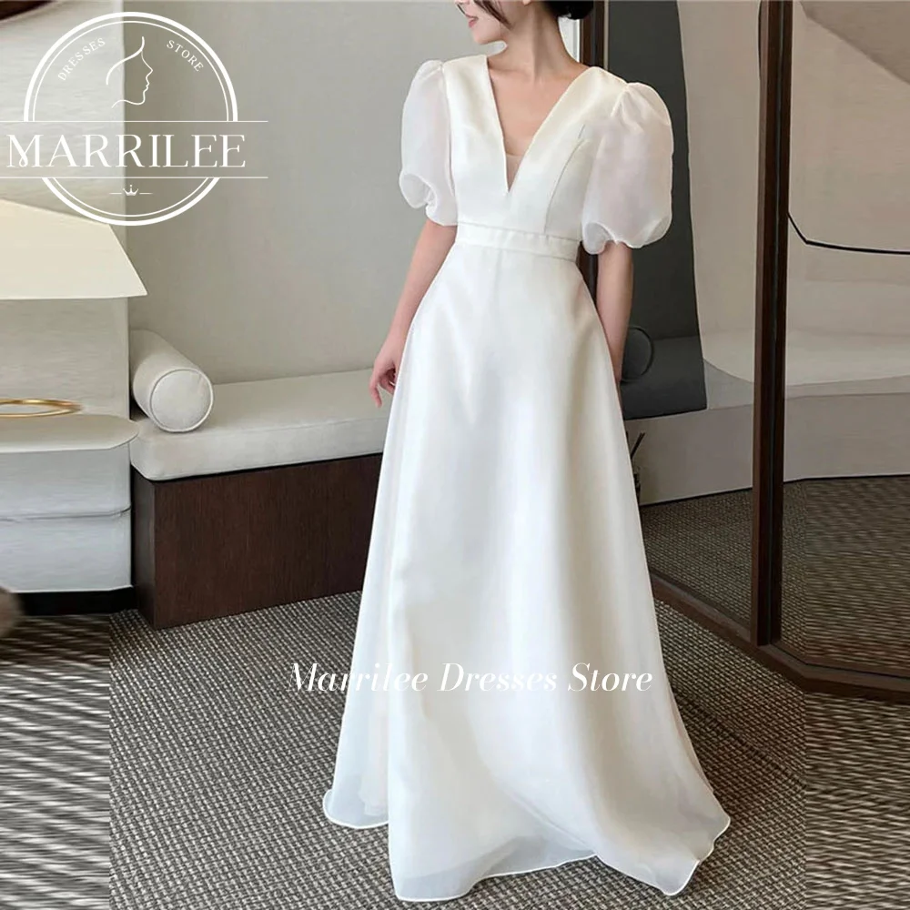 

Marrile Satin Wedding Dress Simple A Line Puff Sleeve Bridal Dressing Gown V Neck Floor Length Elegant Bride Dresses 2024 Custom