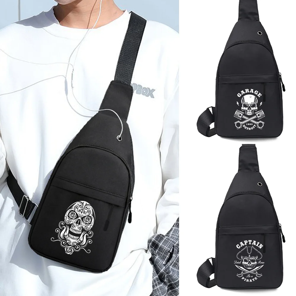 Men\'s Chest Bags Casual Waist Bags Small Short Travel Carry Pack Man Waterproof Shoulder Crossbody Bag Skull Print Handbags