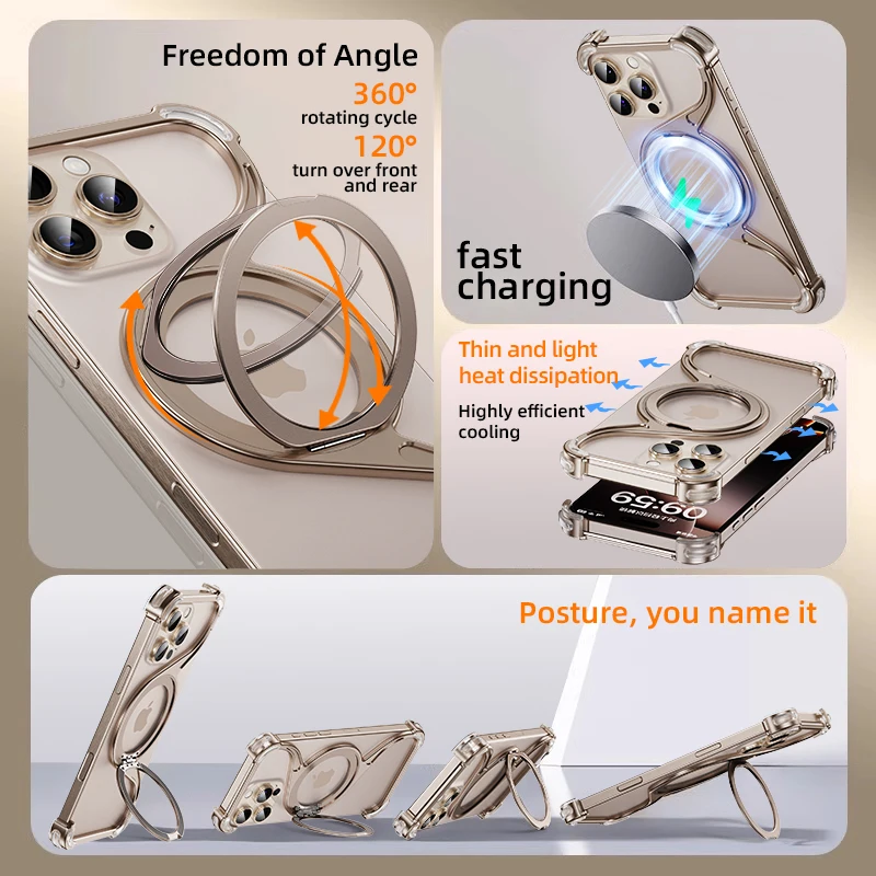 Magnetic Metal Snap-on Phone Case For Iphone16 Pro Max 15 14 13 Z Shape Geometry Stand Holder Phone Cover For IPHON 16 Promax