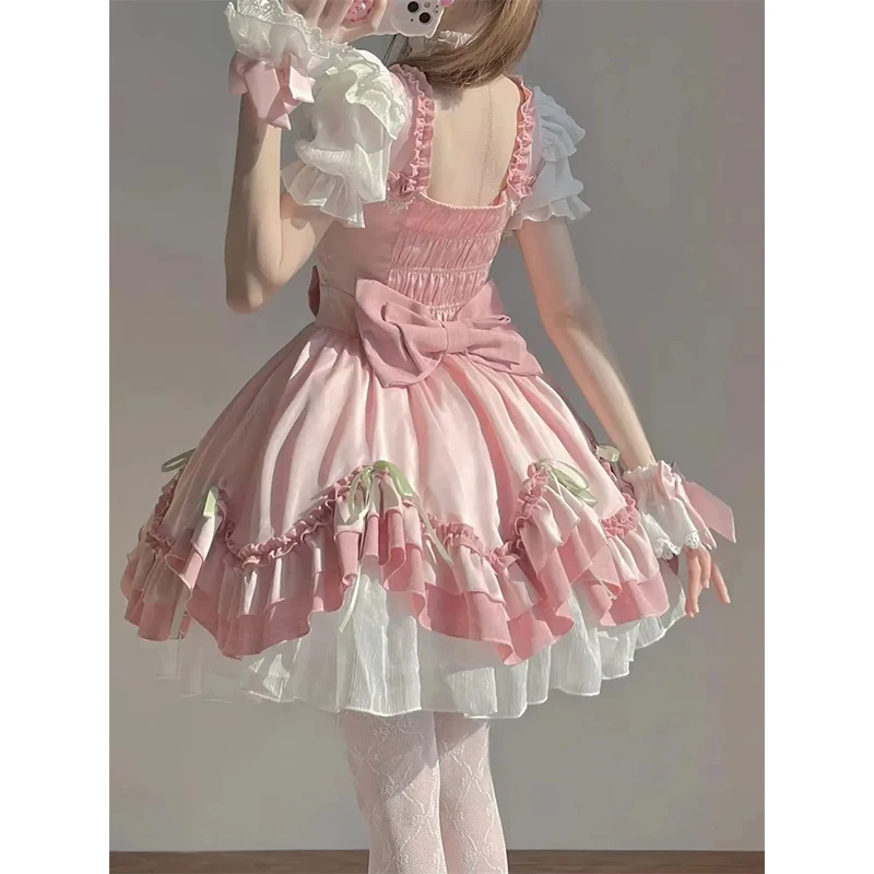 MEXZT 일본 로리타 핑크 미니 드레스 여성 카와이 귀여운 보우 프릴 드레스 여름 파티 댄스 파티 퍼프 반소매 Bodycon Vestidos