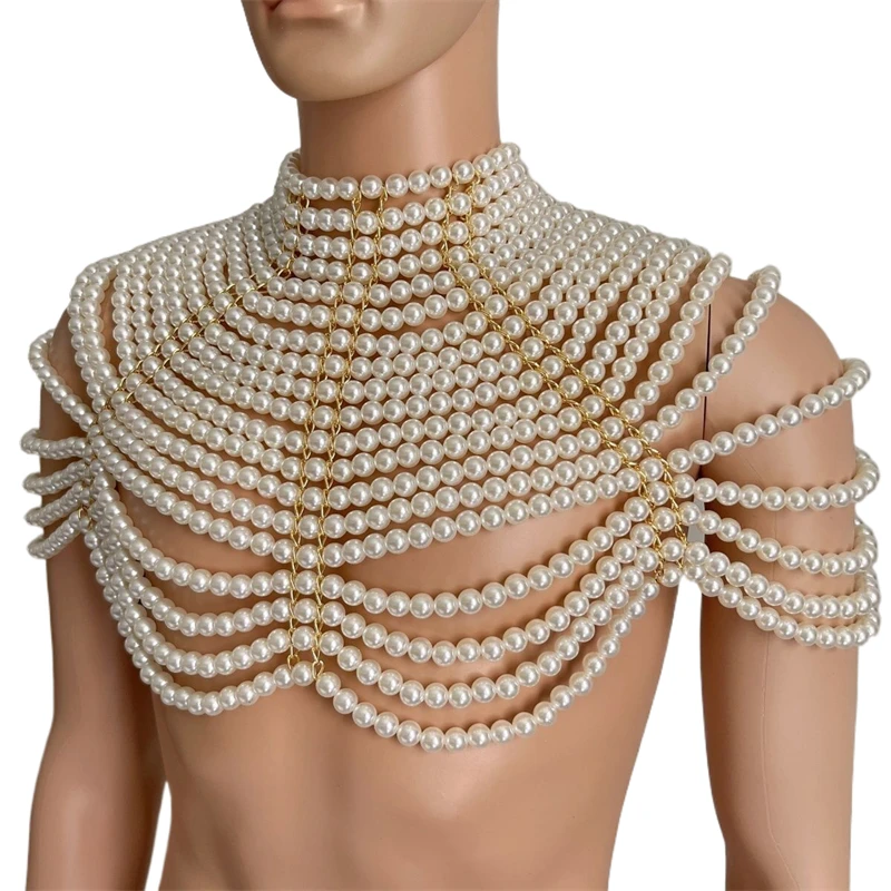 Weiße Perlenkette Mehrschichtige Körperkette Vintage Exotischer Perlen-Schal-Top Hochgeschlossenes Hochzeitsparty Y2K Crop Top Übergroßes T-Shirt – Detail 3