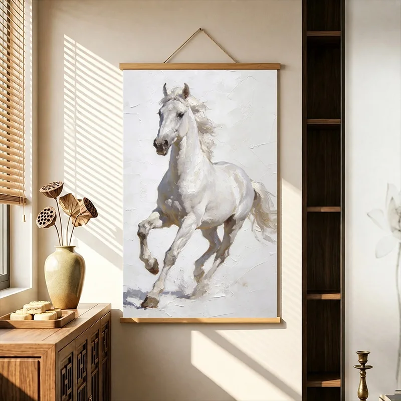 Wall Decorations White and Brown Horses in Motion, Expressive Wildlife Pearlescent Canvas Wall Hanging Scroll for Home Office