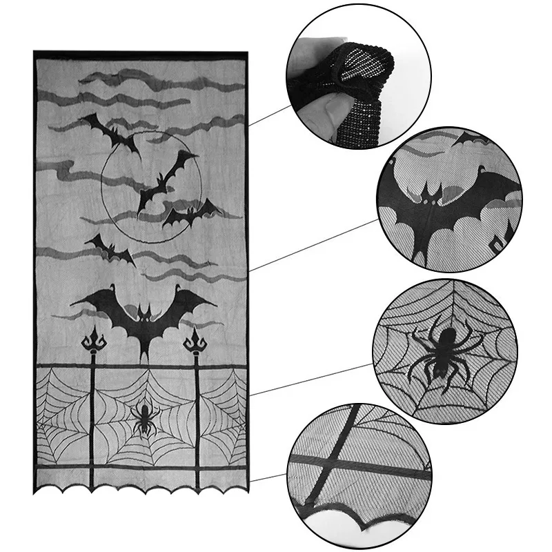 Halloween Black Lace Curtain Spider Witch Bat Skull Door Curtains Festival Halloween Theme Set Party Decoration