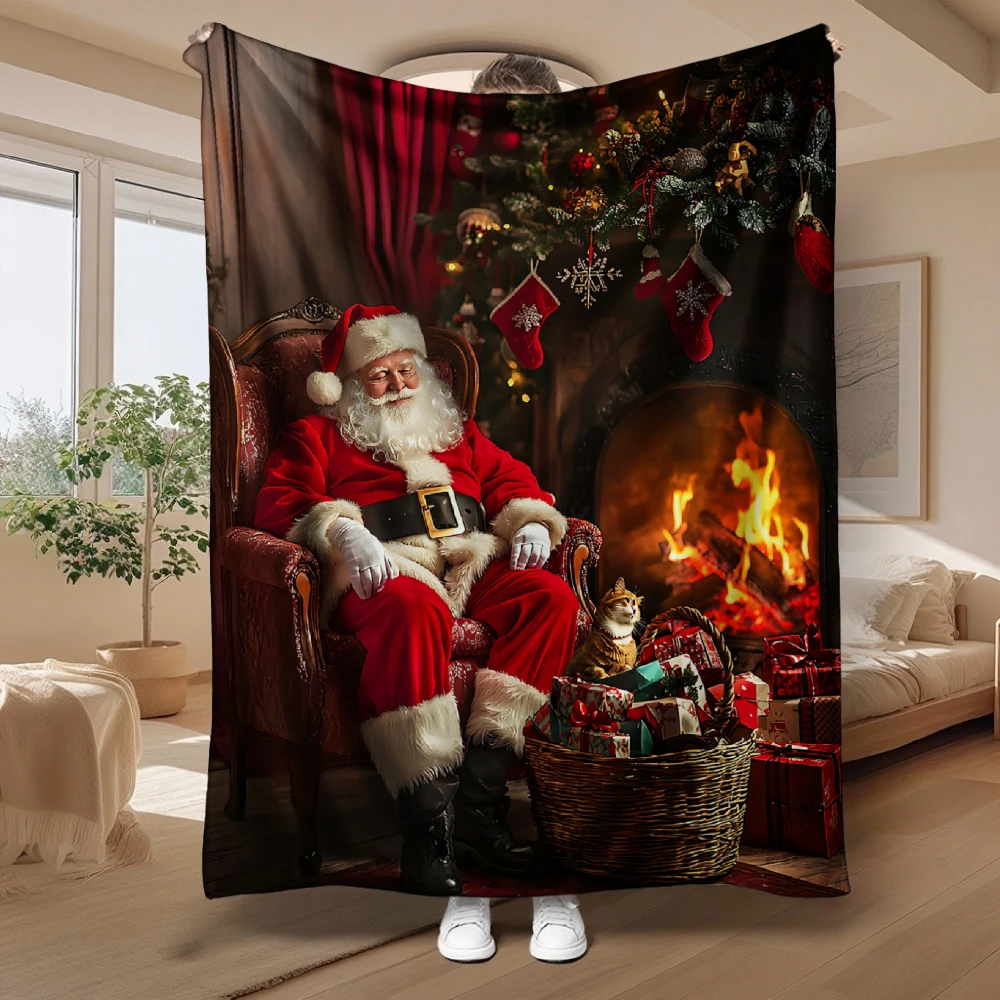 Santa Claus by The Fireplace, Christmas Gift for Family, Soft Fleece Blanket, Cozy Holiday Home Decor, Multi-Purpose Warm Throw