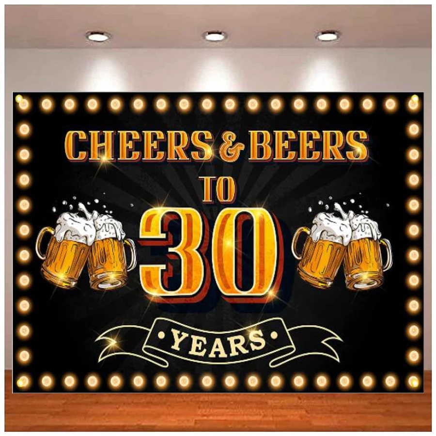 Cheers And Beers To 30 Years Photography Backdrop Black And Gold Sign Banner For Men Women Happy 30th Birthday Party Background