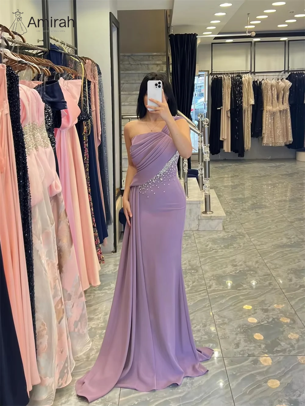 Gaun Elegan Amirah, Gaun Prom Custom Made 2025, Gaun Prom Wanita Model Ekor Ikan Panjang, Gaun Malam Wanita Lengan Satu Bahu