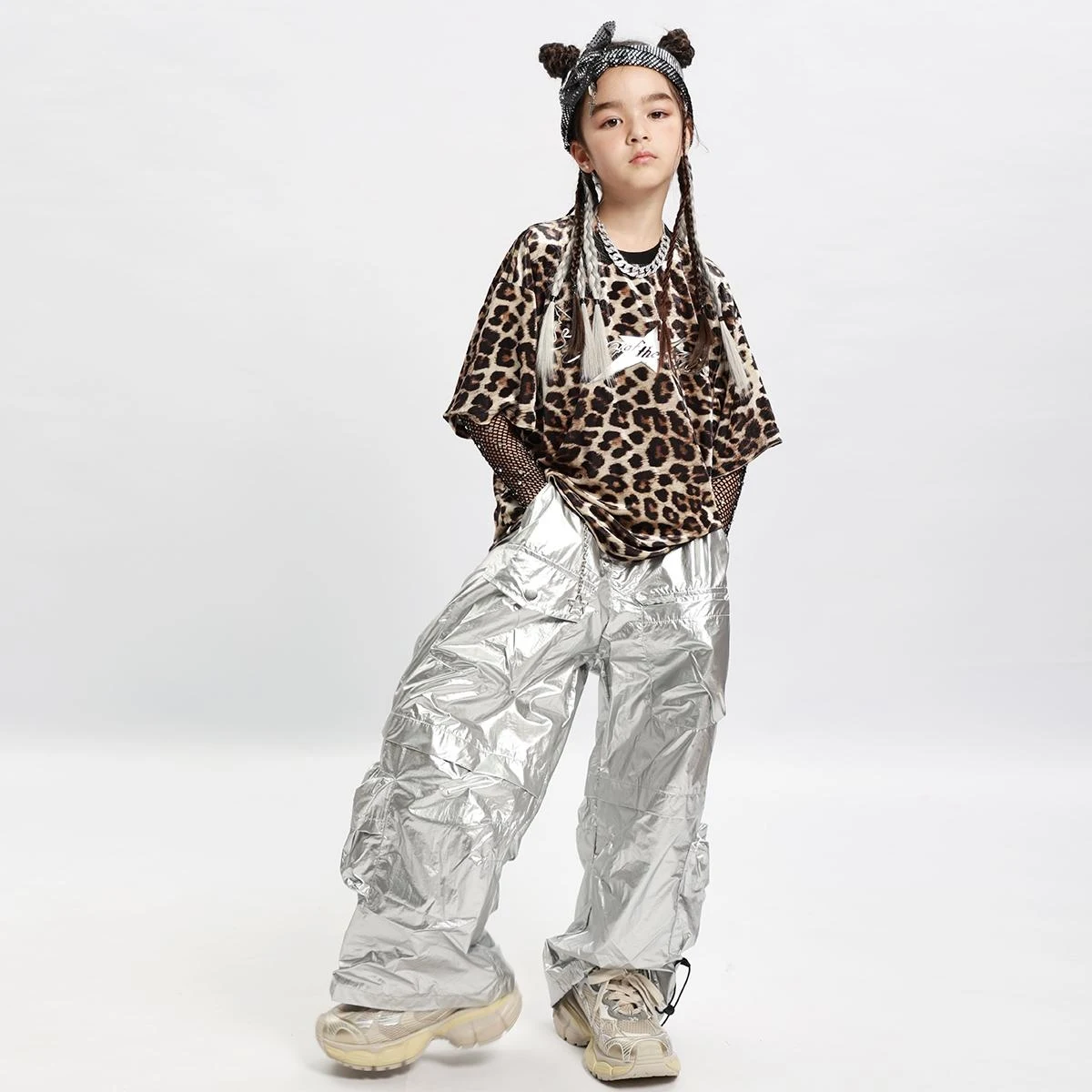 Nieuwe Jazz Kleding Meisjes Luipaard T-Shirt Zilveren Broek Kids Hip Hop Dans Kostuum Kinderen Kpop Stadium Outfit Street Wear XS9202