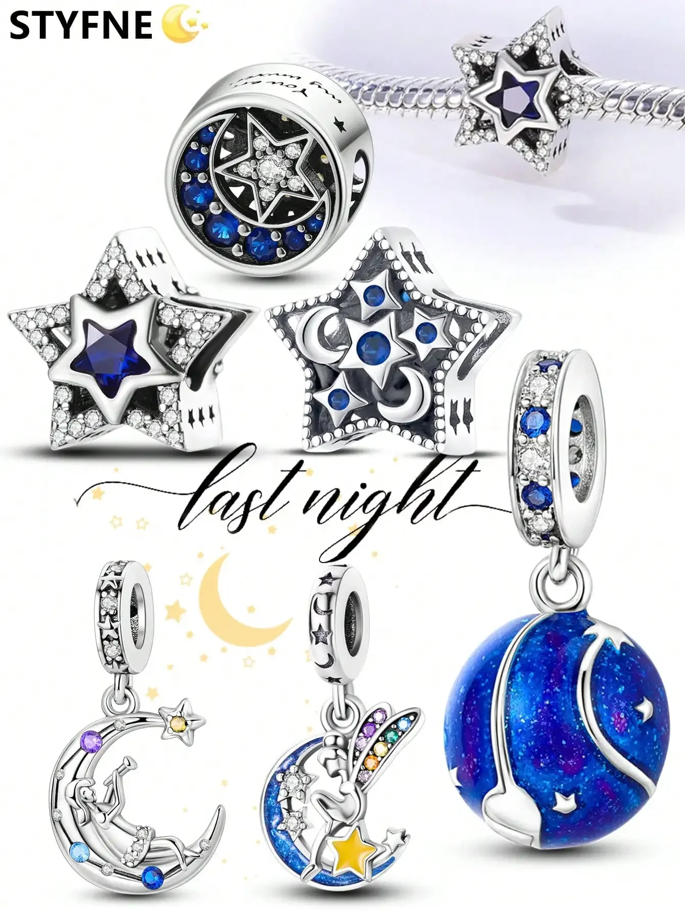 925er Silber vergoldete Original-Charms, Sterne und Mond, Perlen für Armbänder, Damenschmuck, Geschenk
