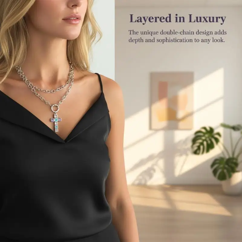 Cross Pendant Necklace Inlaid Colorful Glass Rhinestone Trendy Exquisite Halloween Jewelry for Women Accessories