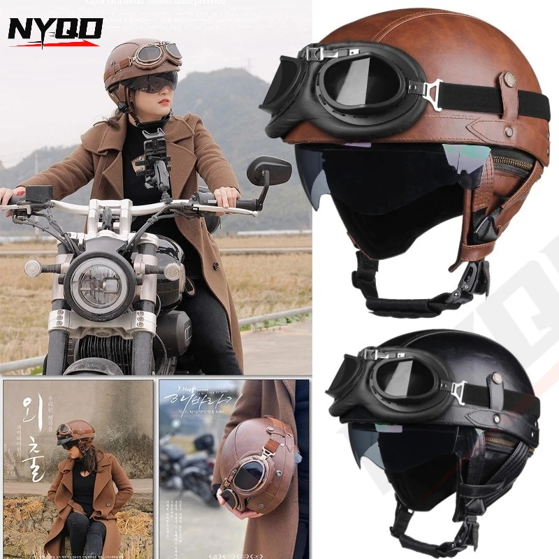 Vintage Motorcycle Half Helmet All Season Open Face with Visor for Cruiser