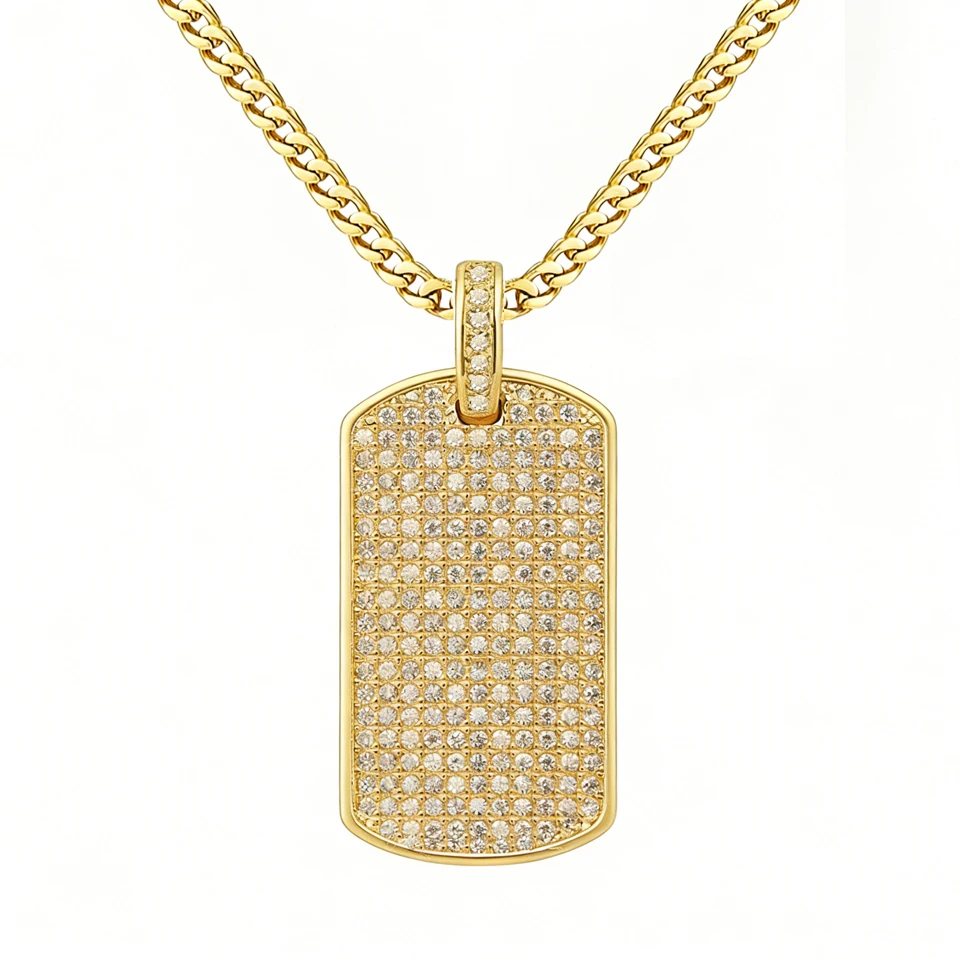 

VANAXIN Paved Fashion Pendant Necklecs for Men Druzy 14k Gold Color Iced Out Square Bling Punk Mini Jewelry Dog Tag Shiny Gift